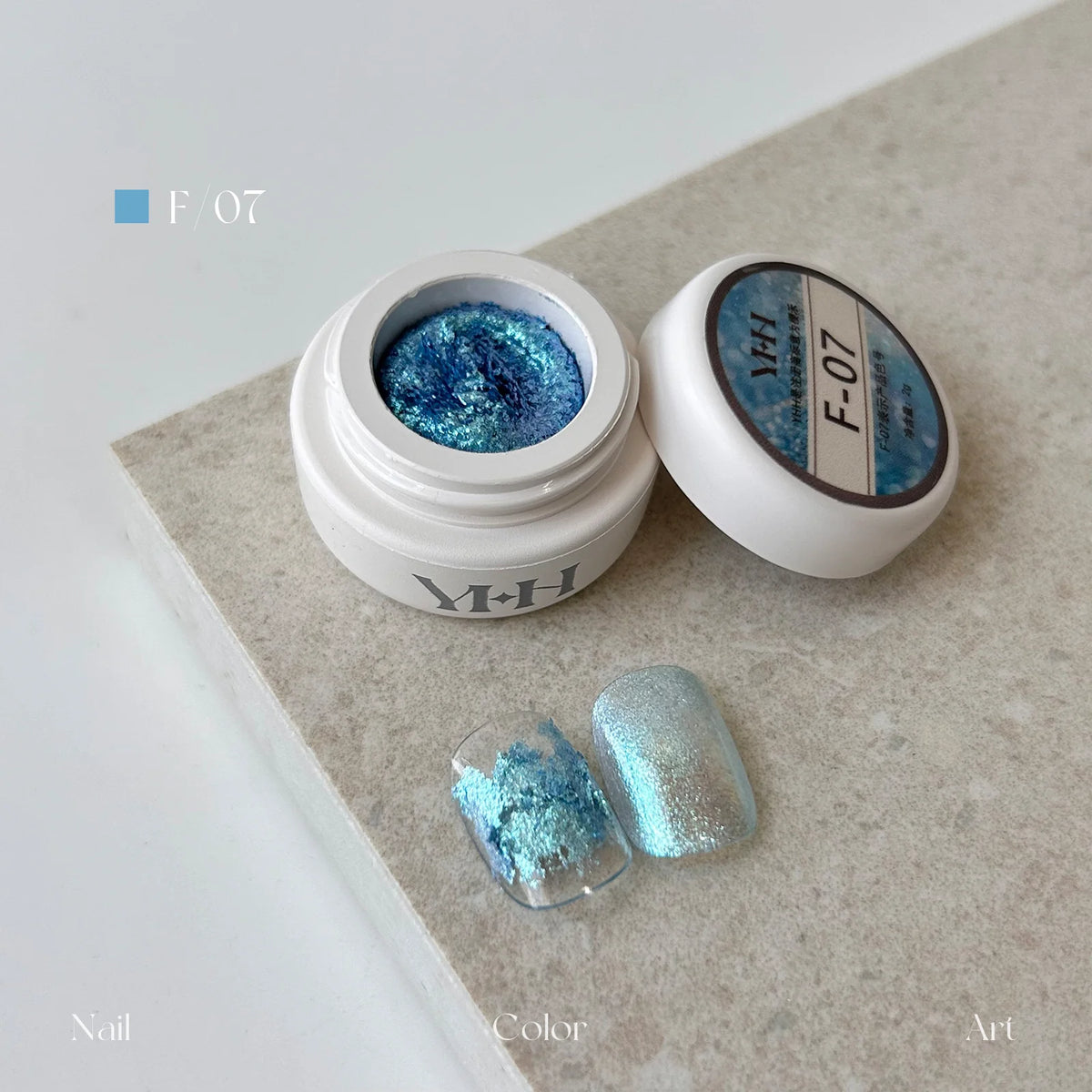 YHH fairy powder sculpting paste F07 Ocean Blue Opal jar with swatch nails