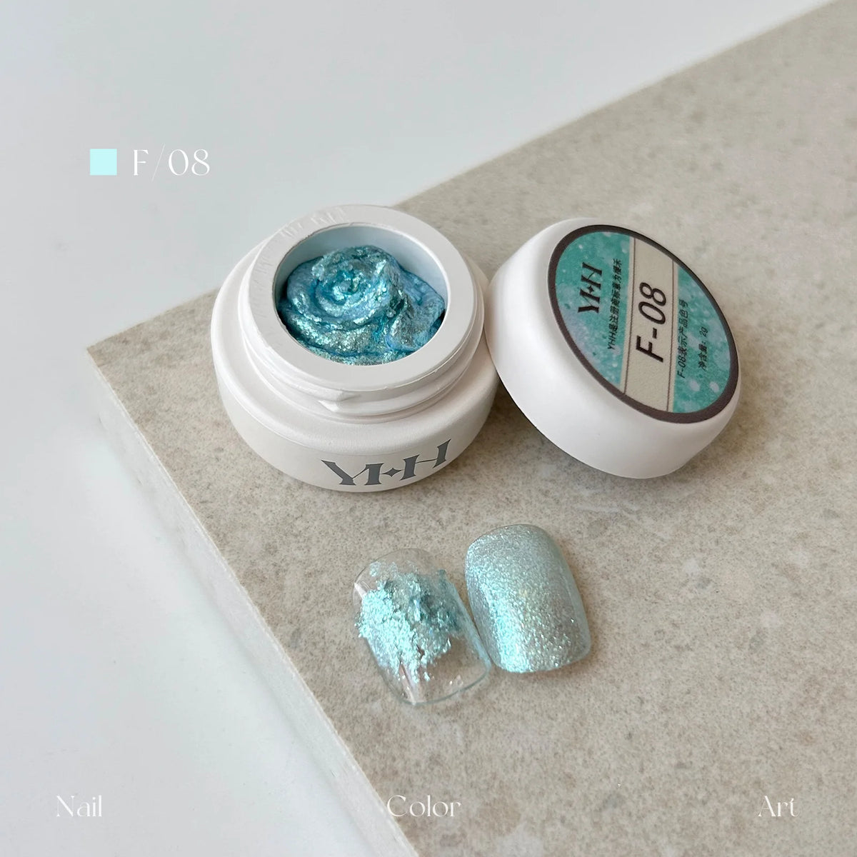YHH fairy powder sculpting paste F08 Aqua Opal jar with swatch nails