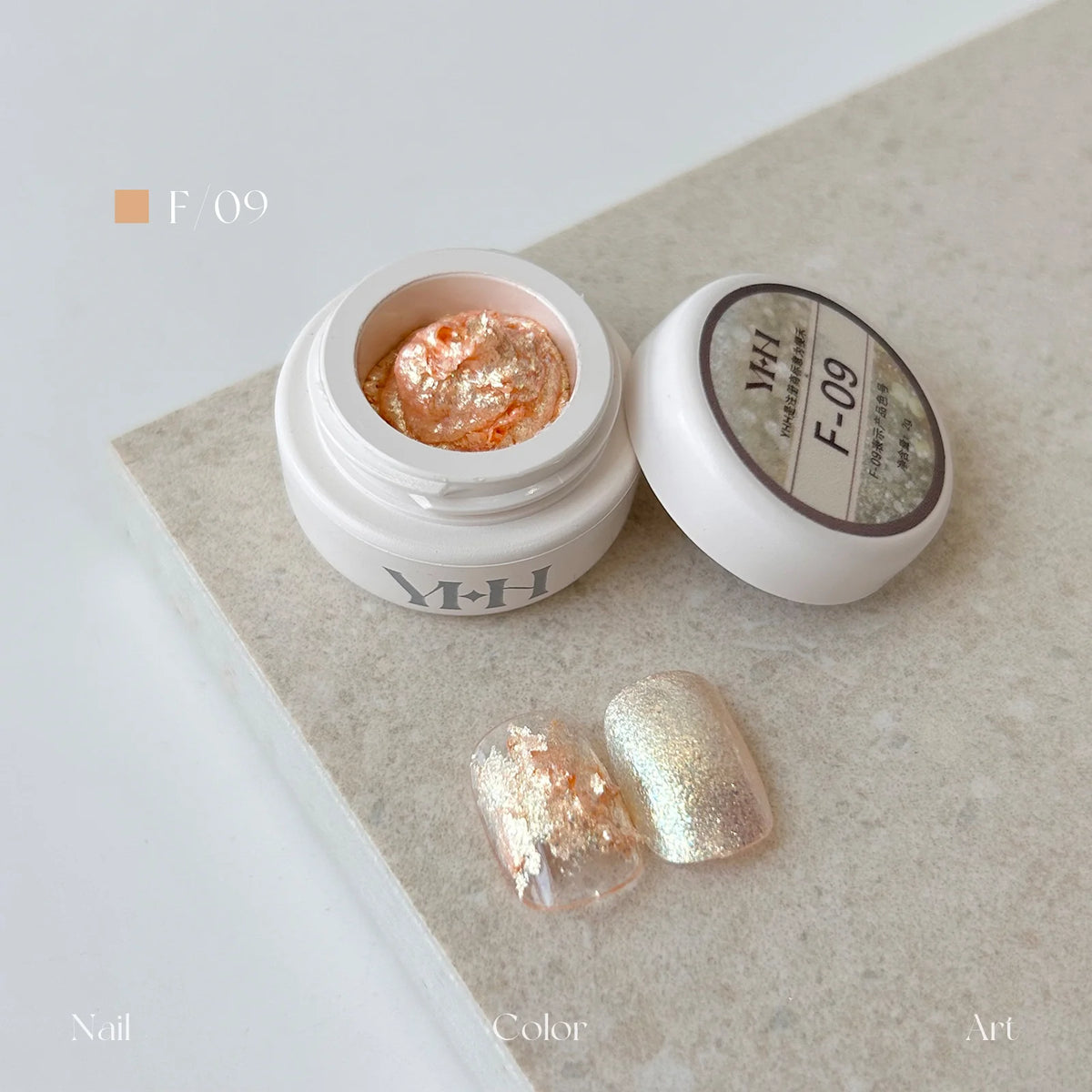 YHH fairy powder sculpting paste F09 Peach Opal jar with swatch nails