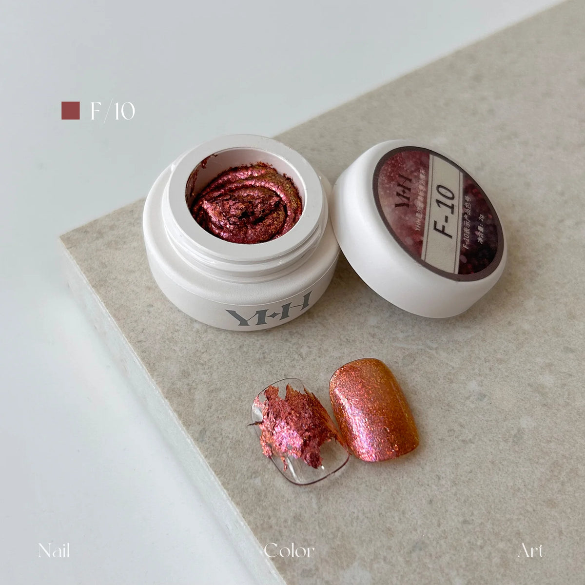 YHH fairy powder sculpting paste F10 Ruby Opal jar with swatch nails