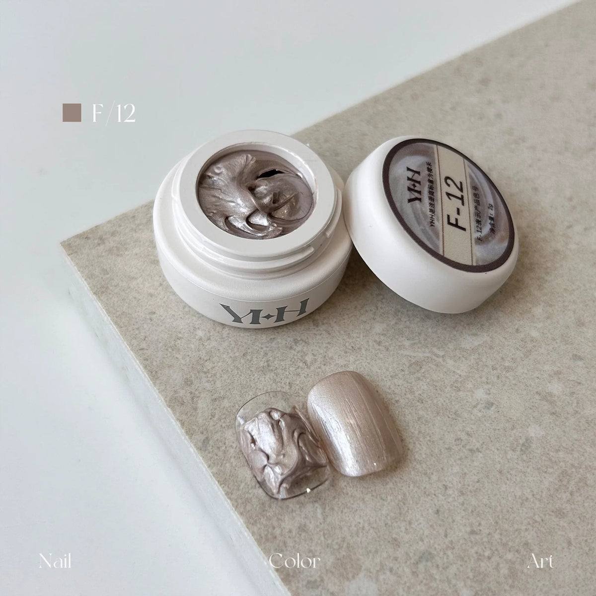 YHH fairy powder sculpting paste F12 Taupe Pearl jar with swatch nails