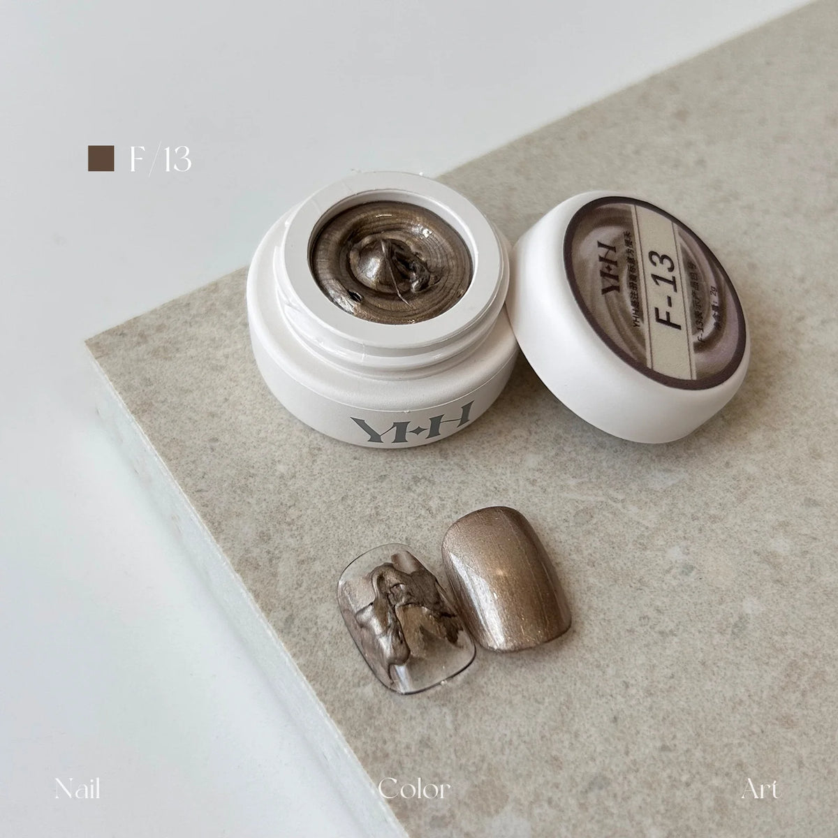 YHH fairy powder sculpting paste F13 Mocha Pearl jar with swatch nails