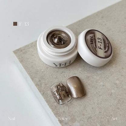 YHH fairy powder sculpting paste F13 Mocha Pearl jar with swatch nails