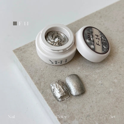 YHH fairy powder sculpting paste F14 Silver Glitter jar with swatch nails
