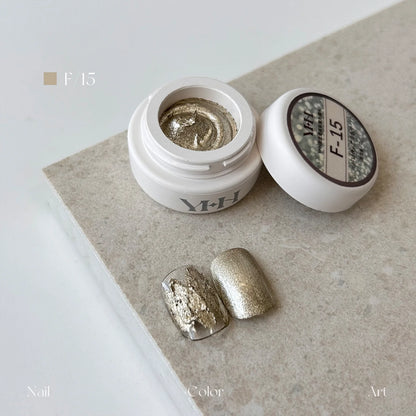 YHH fairy powder sculpting paste F15 Champagne Gold Glitter jar with swatch nails