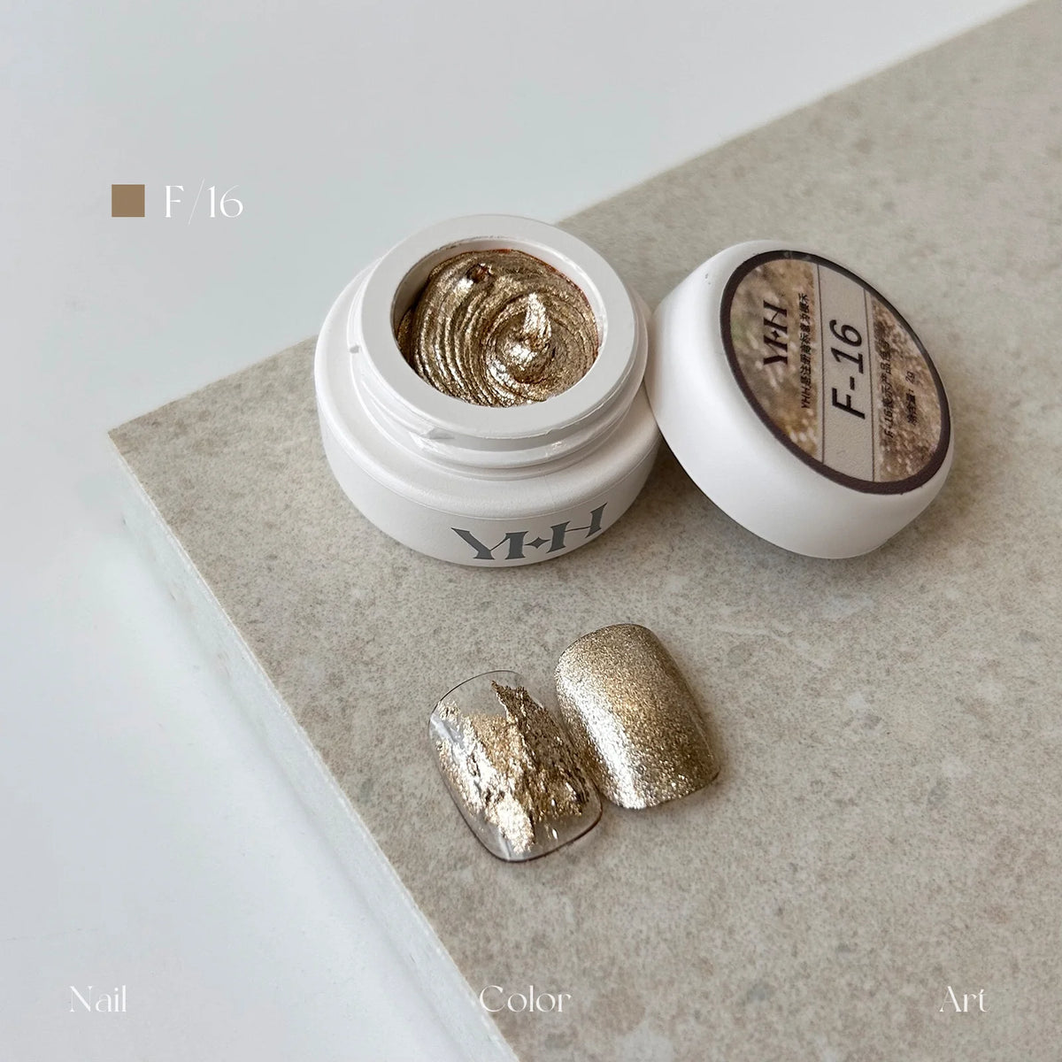YHH fairy powder sculpting paste F16 Gold Glitter jar with swatch nails