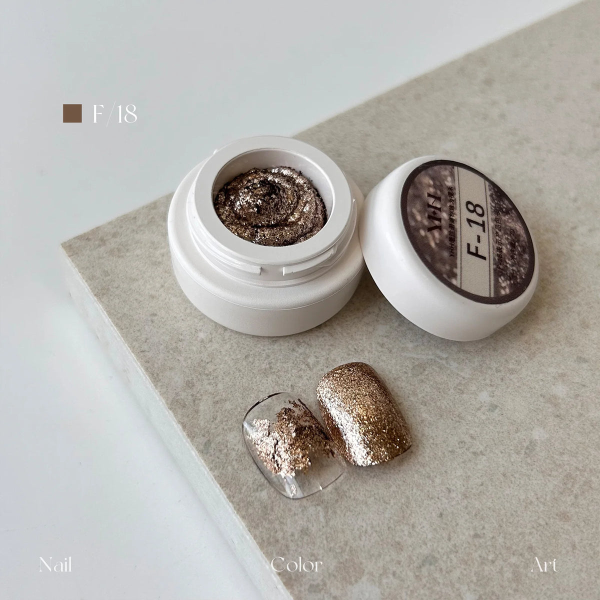 YHH fairy powder sculpting paste F18 Bronze jar with swatch nails