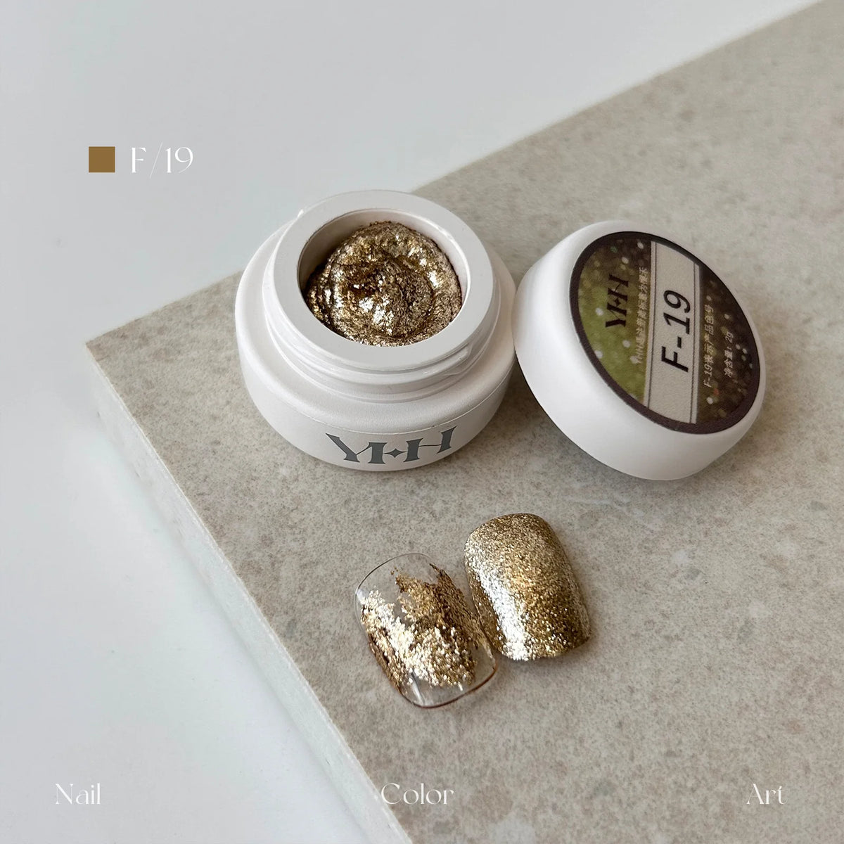 YHH fairy powder sculpting paste F19 Antique Gold jar with swatch nails