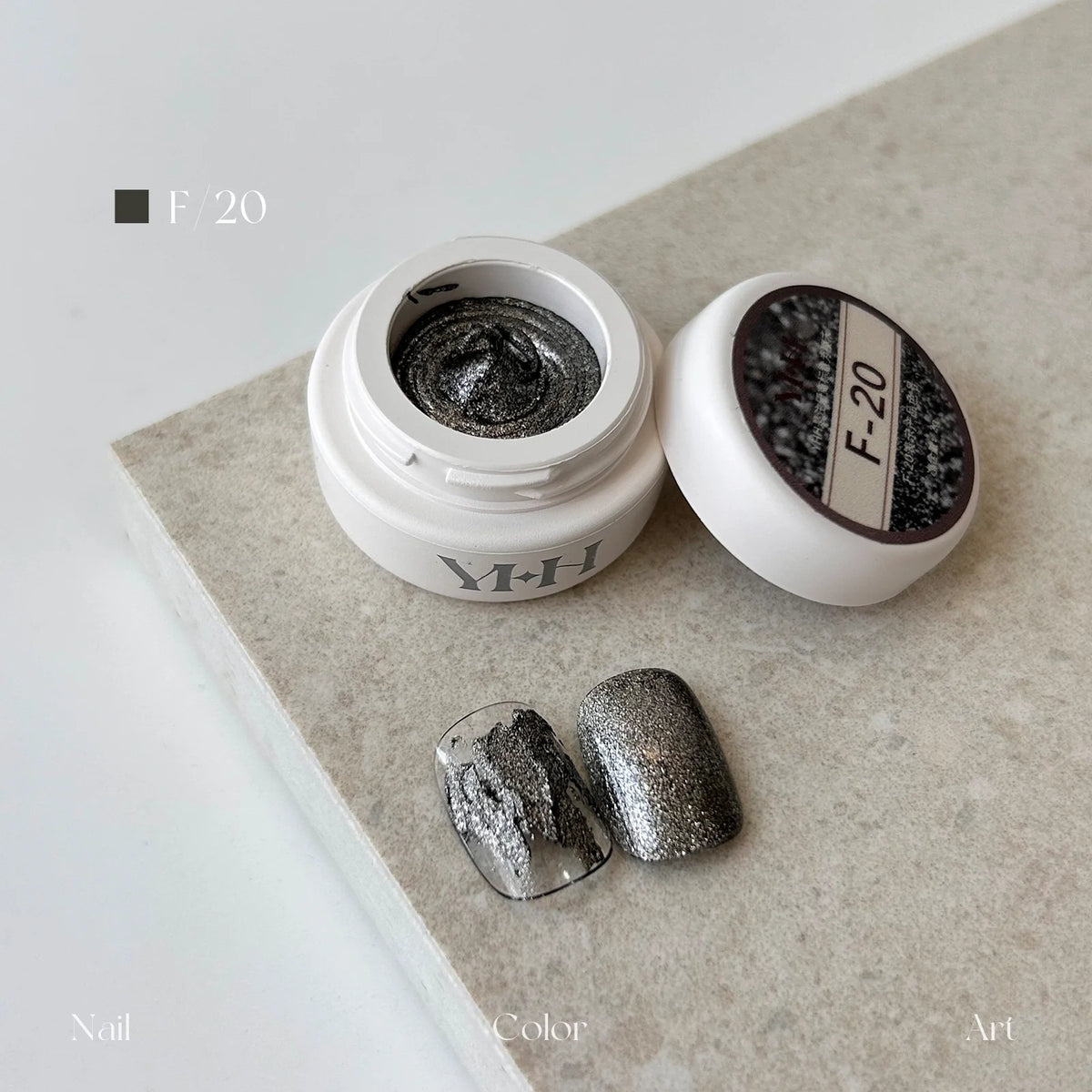 YHH fairy powder sculpting paste F20 Graphite jar with swatch nails