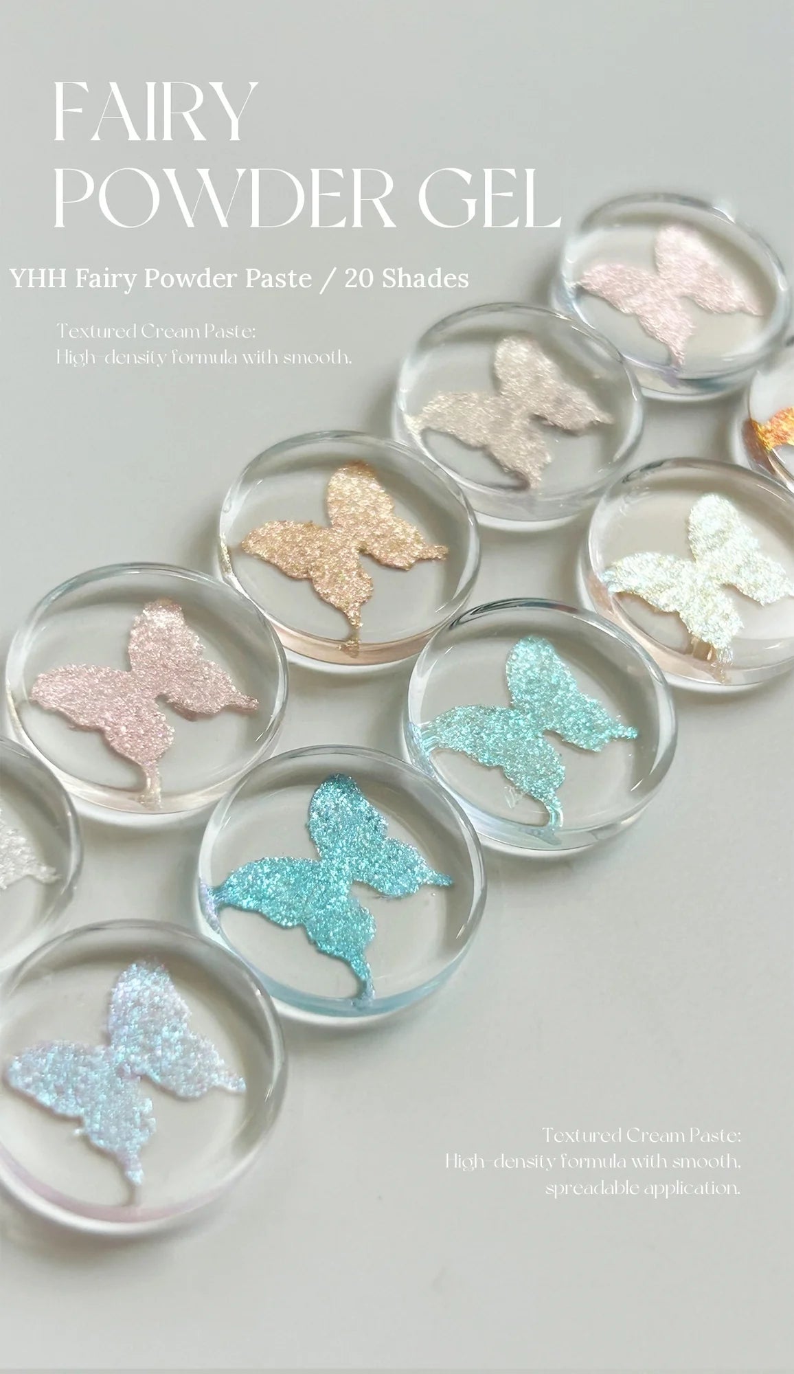 YHH fairy powder gel butterflies sculpted on glass swatch discs