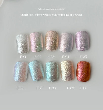 YHH fairy powder paste F01–F10 applied as full-nail shimmer swatches