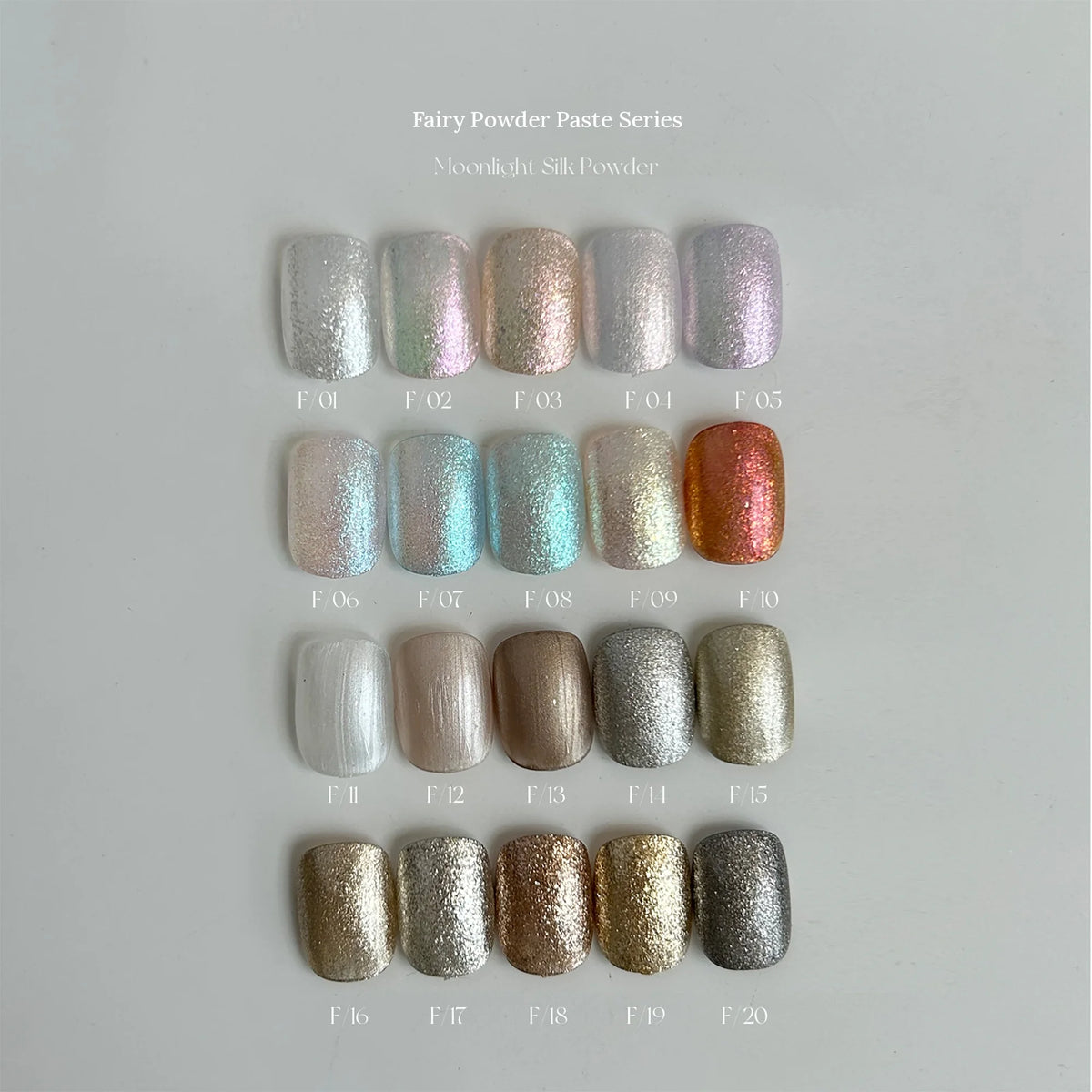 Smooth nail swatches of YHH fairy powder paste F01–F20