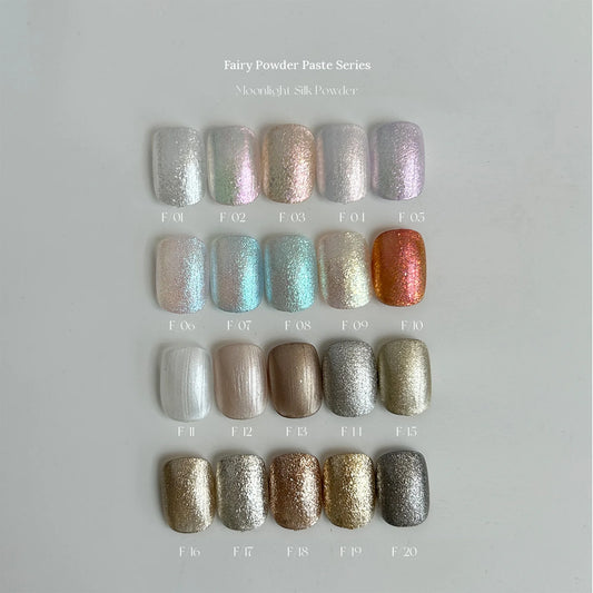Smooth nail swatches of YHH fairy powder paste F01–F20
