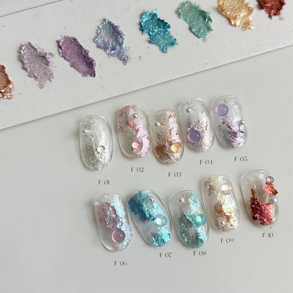Textured 3D nail swatches of YHH fairy powder paste F01–F10