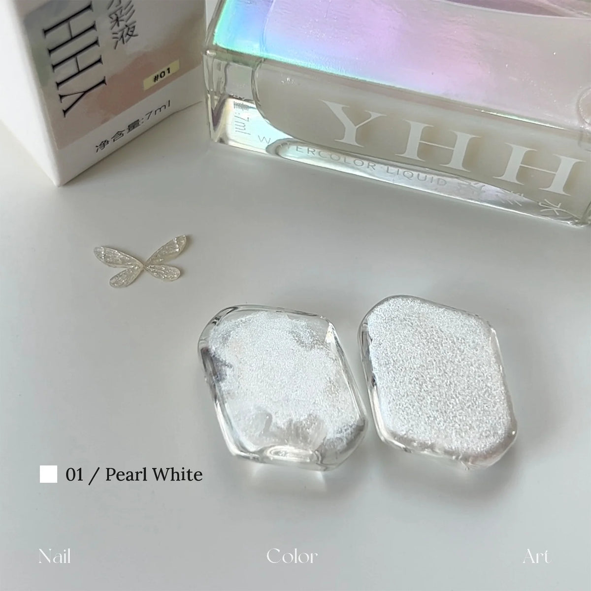 YHH fairy powder watercolor ink 01 Pearl White with swatch on clear tile