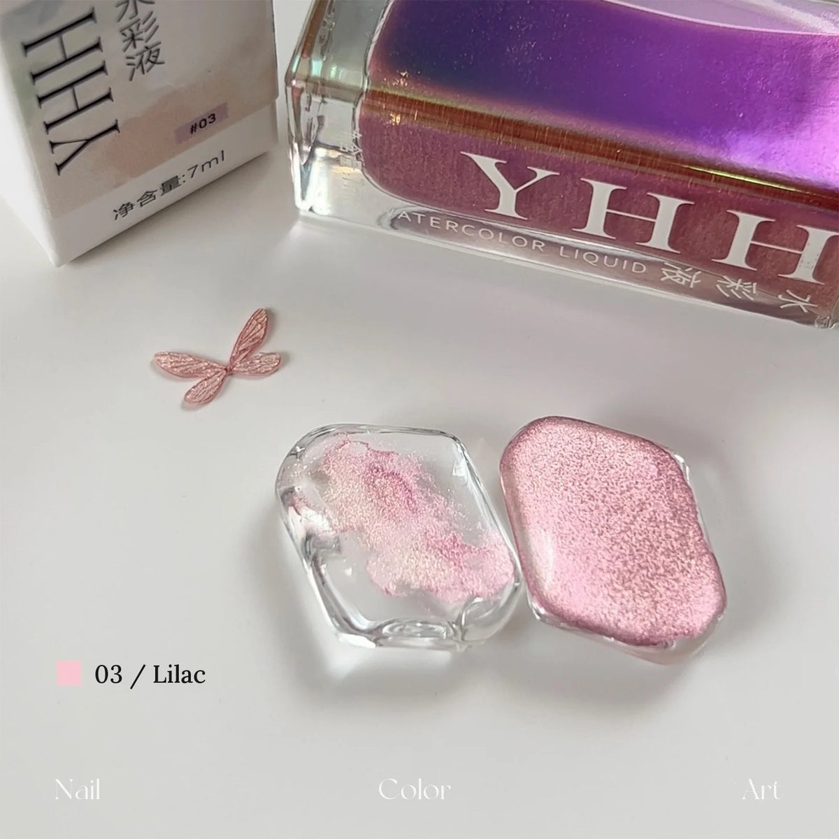 YHH fairy powder watercolor ink 03 Lilac with swatch on clear tile
