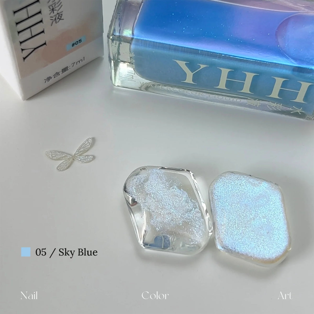 YHH fairy powder watercolor ink 05 Sky Blue with swatch on clear tile