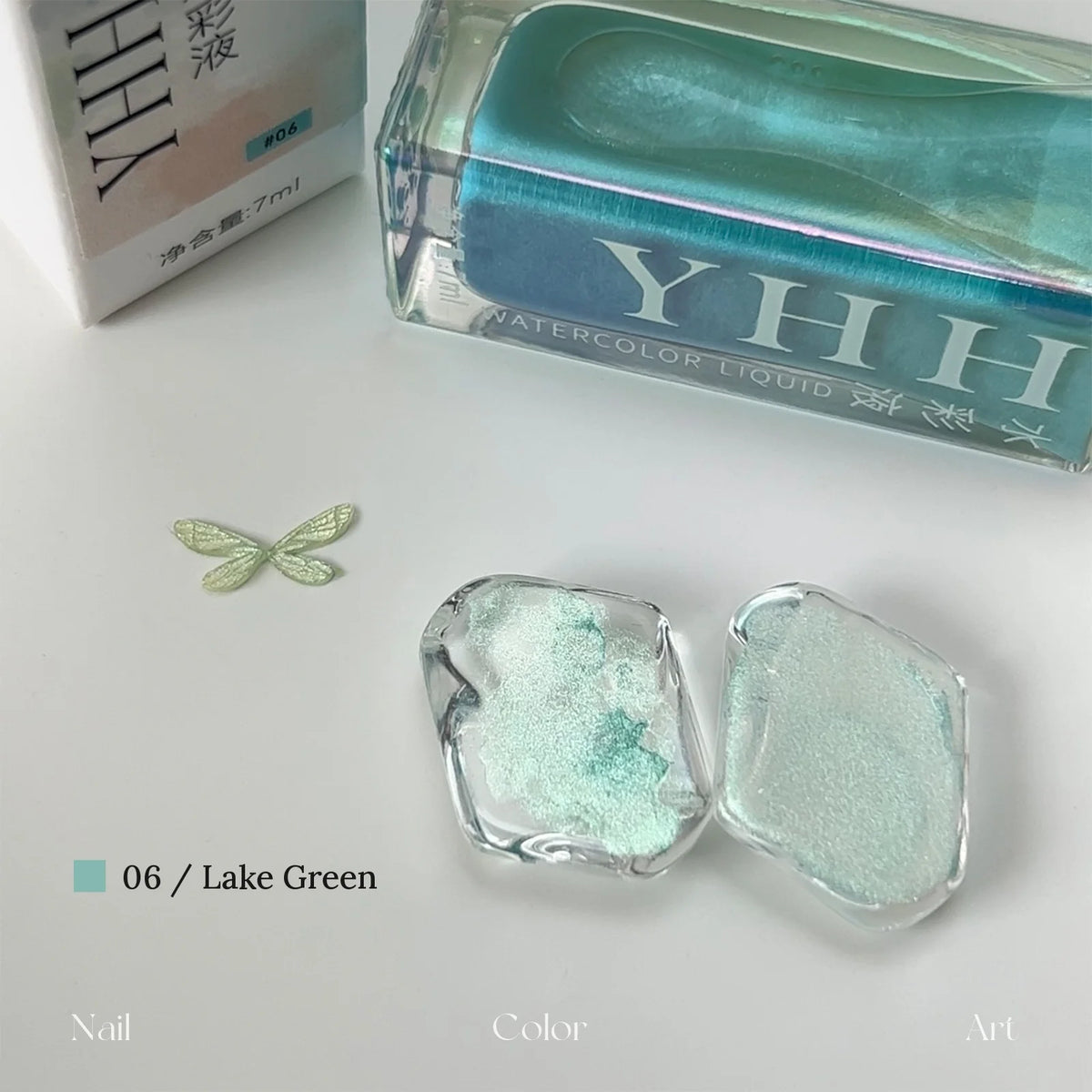 YHH fairy powder watercolor ink 06 Lake Green with swatch on clear tile