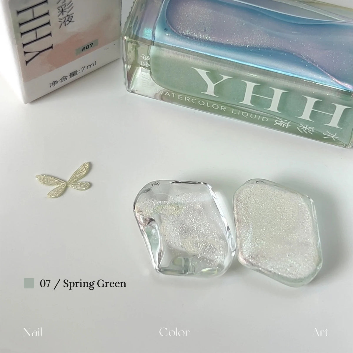 YHH fairy powder watercolor ink 07 Spring Green with swatch on clear tile