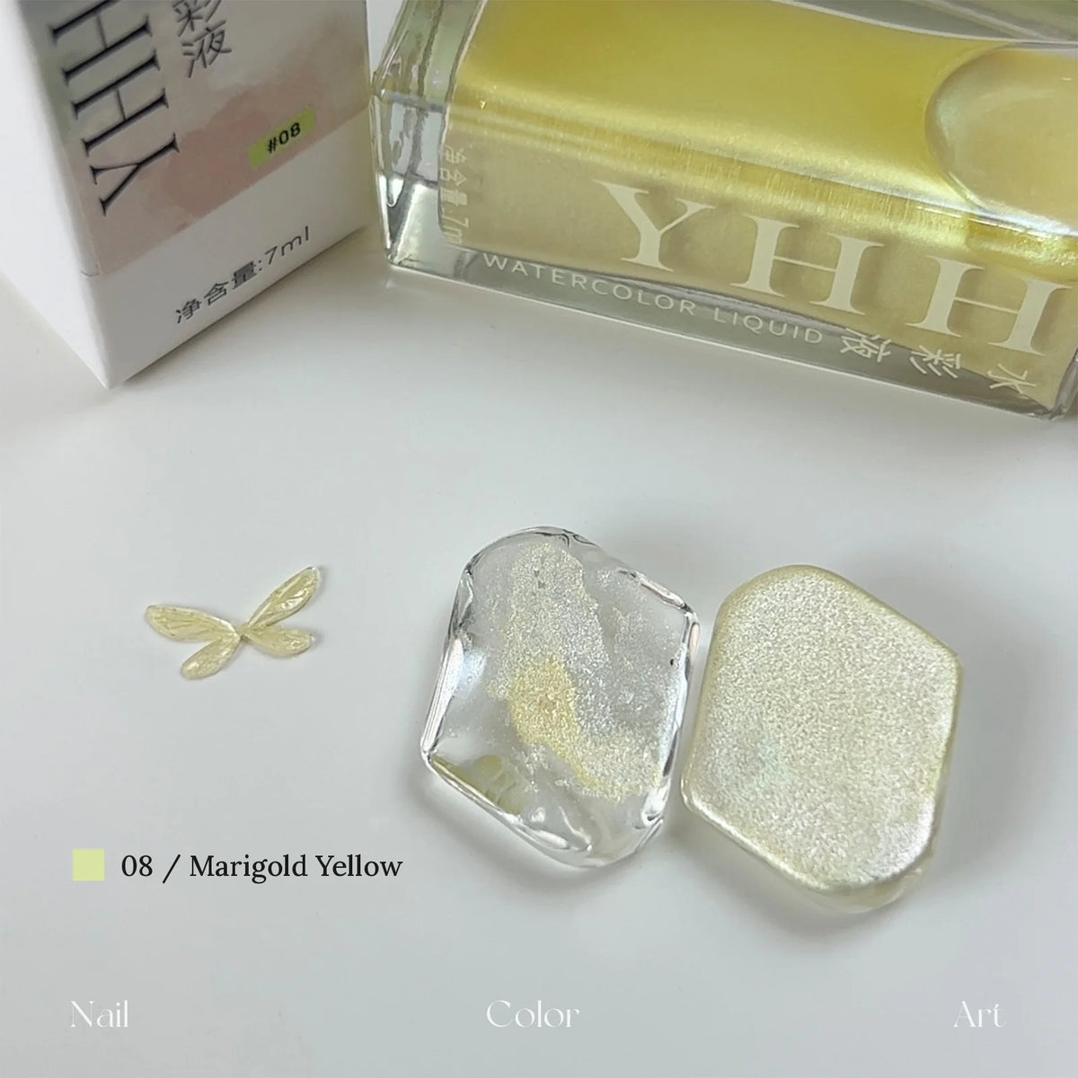 YHH fairy powder watercolor ink 08 Marigold Yellow with swatch on clear tile