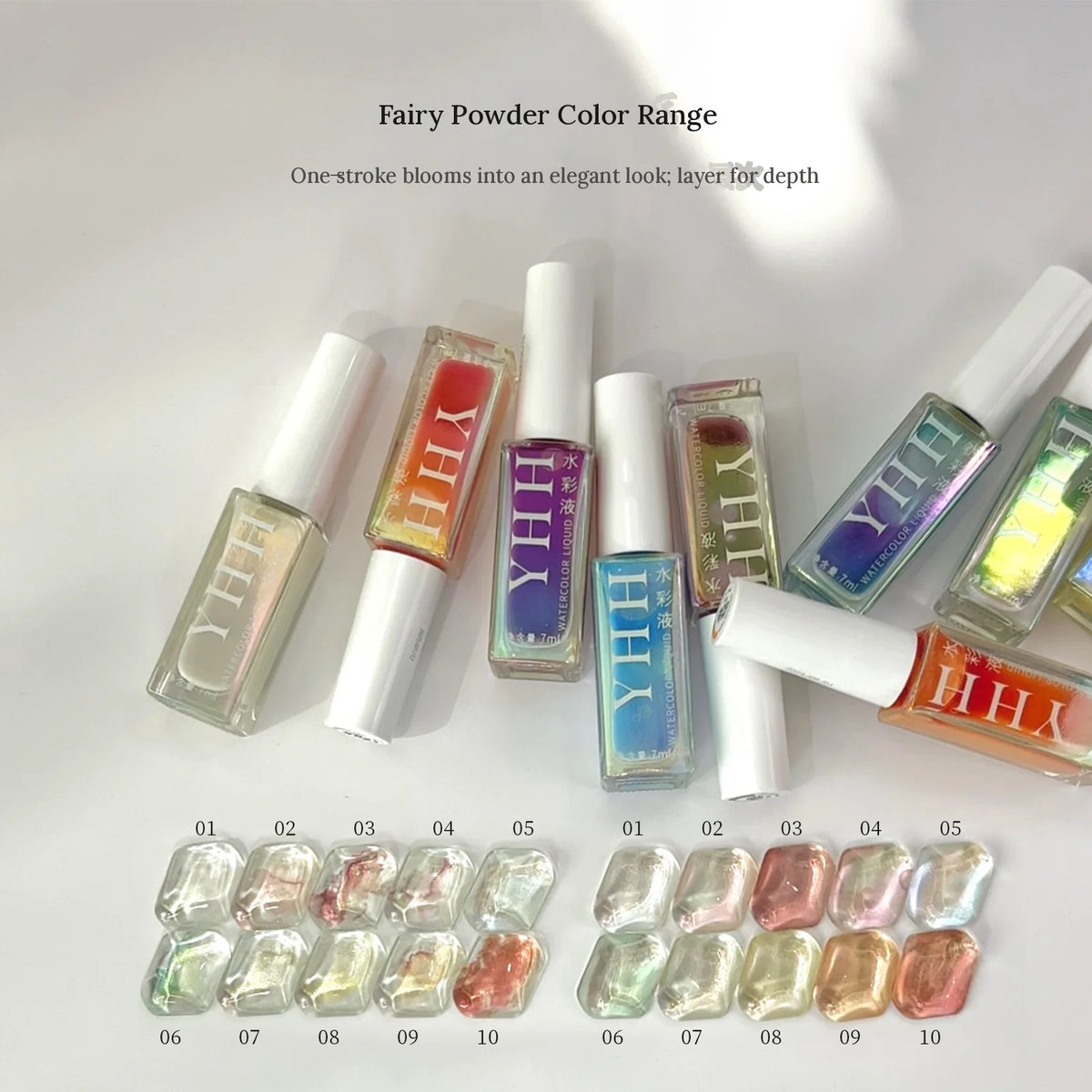 YHH shimmer watercolor ink bottles with swatch ovals of all 10 shades
