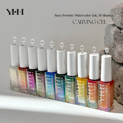 YHH fairy powder watercolor ink, 10 shimmer shades in 7 ml bottles