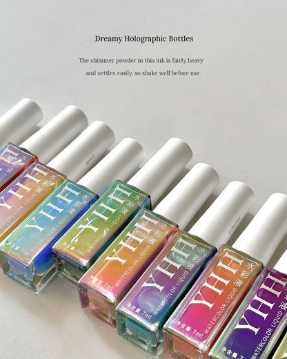 YHH watercolor ink bottles with holographic finish; shake before use
