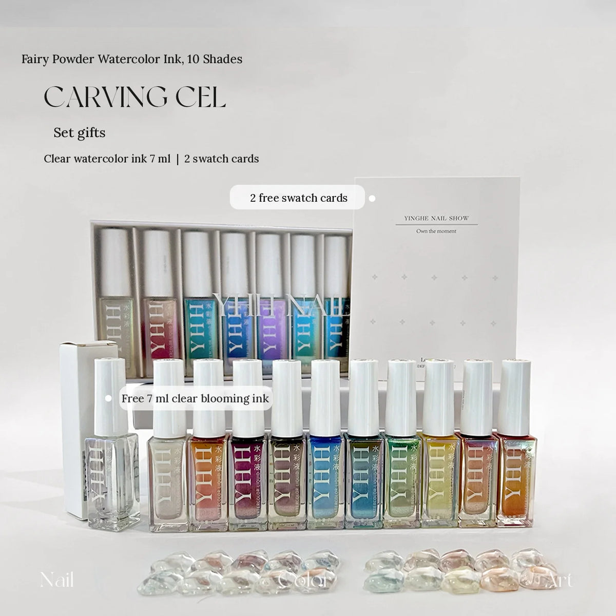 YHH fairy powder watercolor ink 10-shade set with clear blooming ink and swatch cards