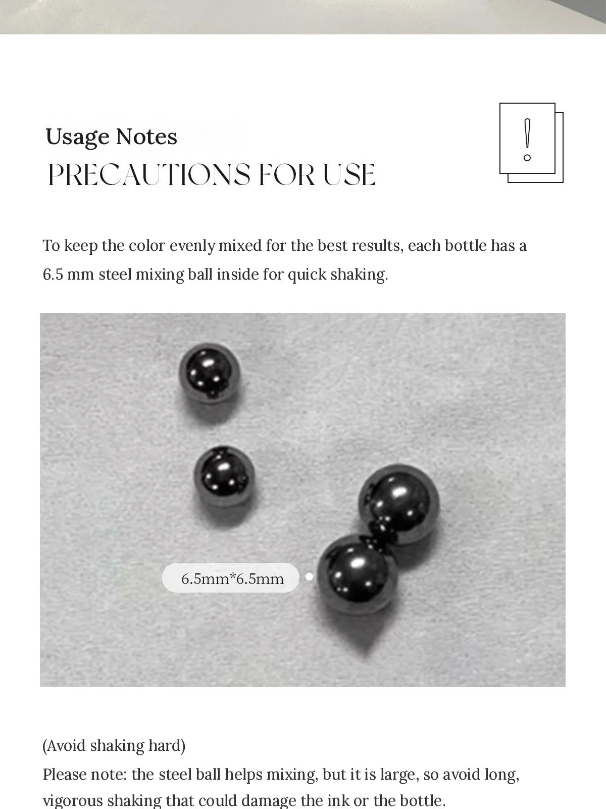 Usage notes: YHH watercolor ink bottles contain a 6.5 mm steel mixing ball