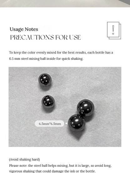 Usage notes: YHH watercolor ink bottles contain a 6.5 mm steel mixing ball
