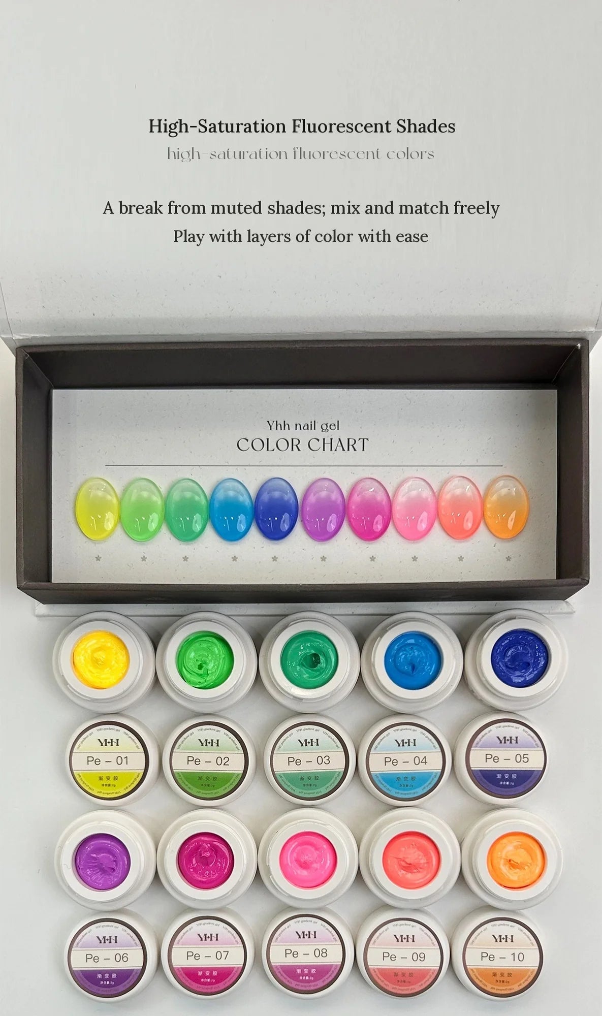 YHH fluorescent pat pat gel color chart with Pe01–Pe10 jars