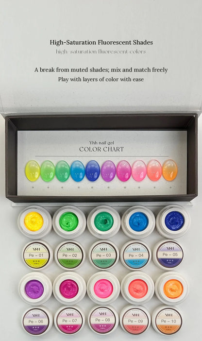 YHH fluorescent pat pat gel color chart with Pe01–Pe10 jars