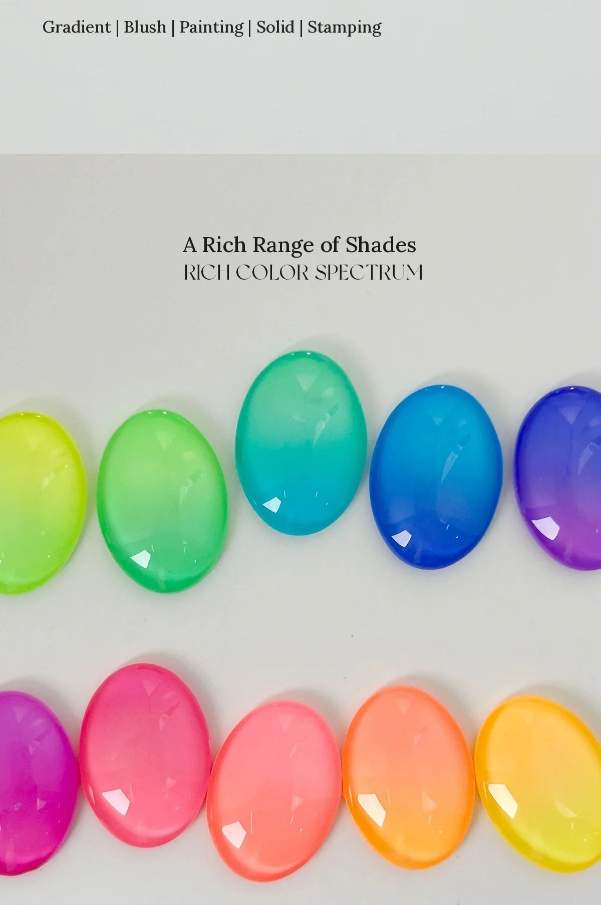 Glossy oval swatches of all 10 YHH fluorescent pat pat gel shades