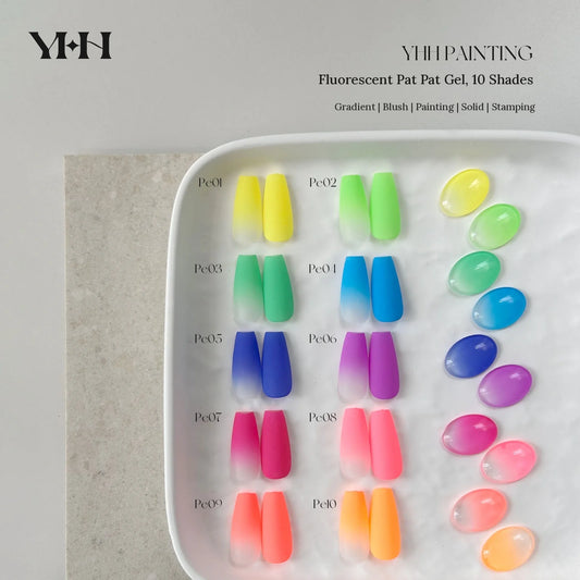 YHH fluorescent gradient pat pat gel, 10 shades shown as gradient nail tips and swatch ovals