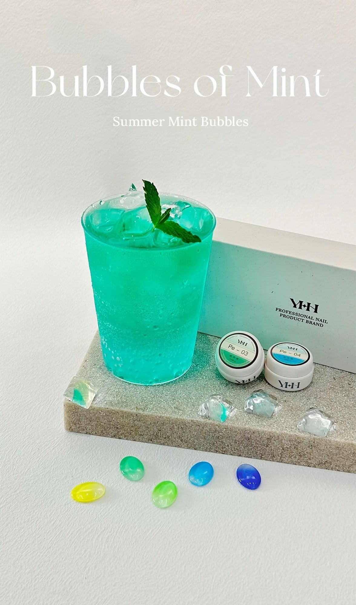 Neon gradient manicure with YHH fluorescent pat pat gel beside a mint soda
