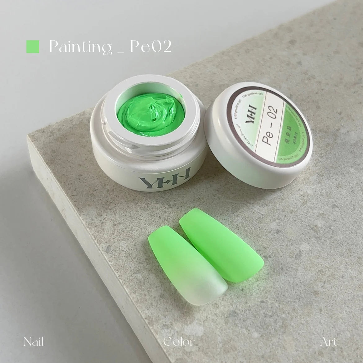 YHH fluorescent pat pat gel Pe02 Neon Green jar with matte gradient nail tips