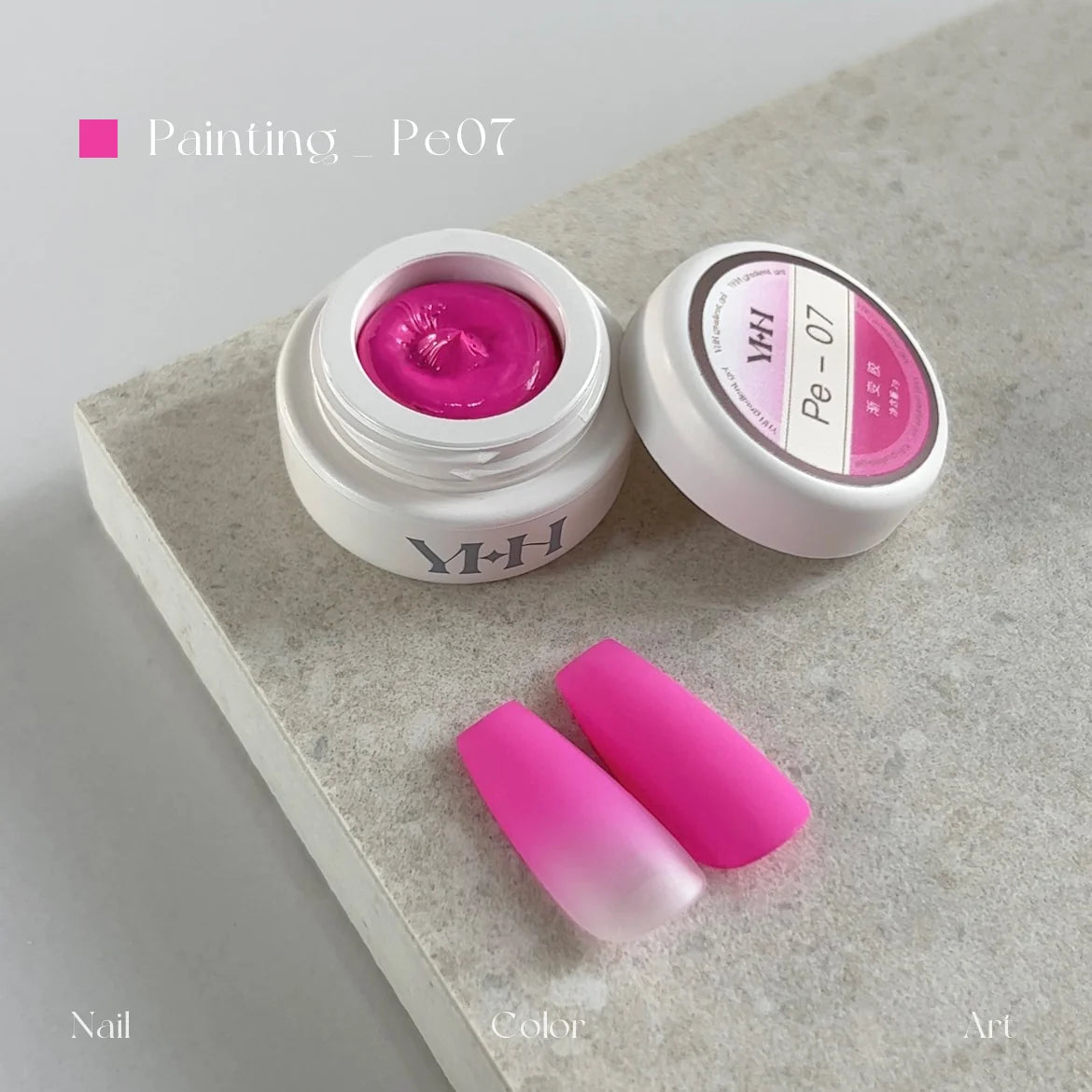 YHH fluorescent pat pat gel Pe07 Neon Magenta jar with matte gradient nail tips