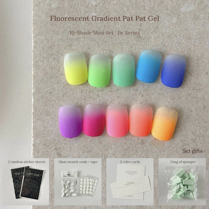 YHH fluorescent gradient pat pat gel 10-shade set with sponges, stickers and swatch cards