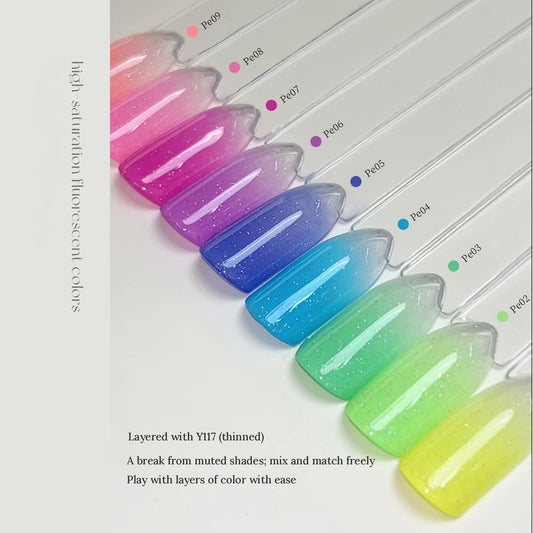YHH fluorescent pat pat gel Pe02–Pe09 swatched as neon gradients on nail sticks
