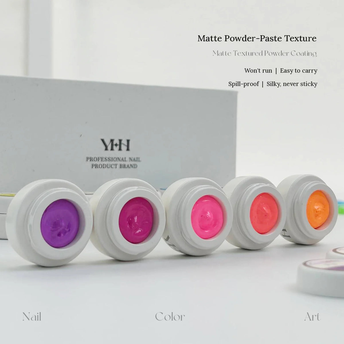 Open jars of YHH fluorescent pat pat gel showing the matte powder-paste texture