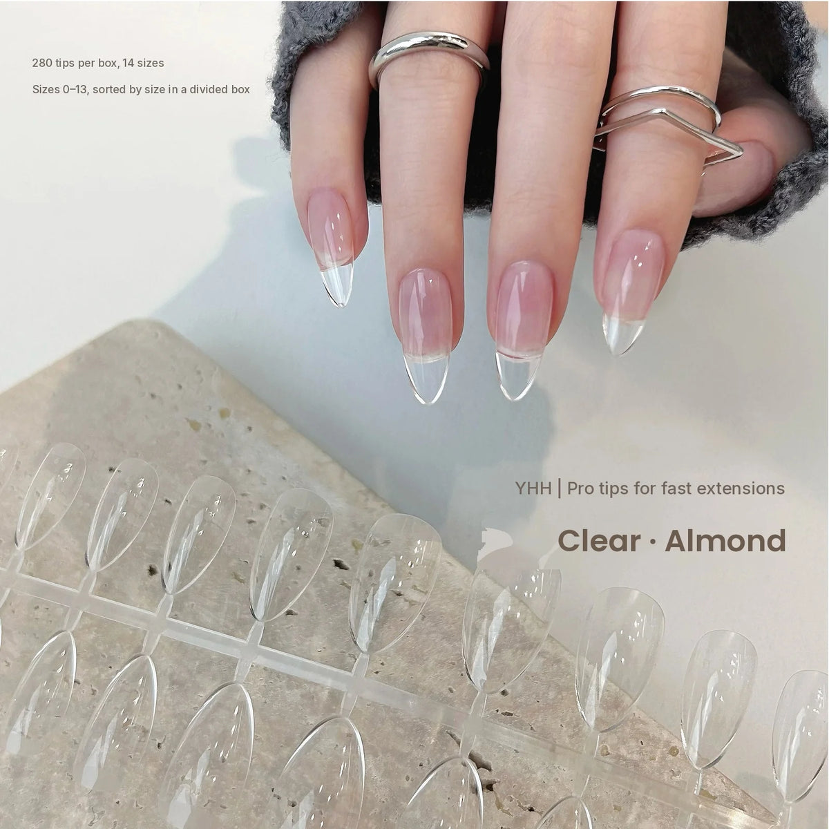 YHH clear almond full-cover tips on a hand, 280 tips in 14 sizes