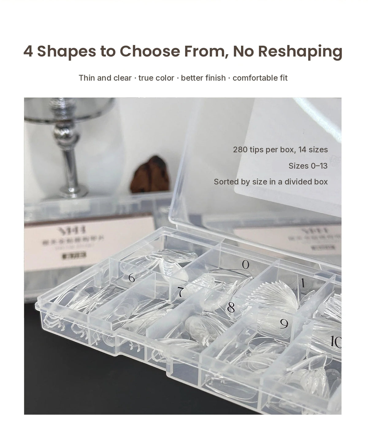 Open YHH tip box with 280 clear tips in 14 sizes, sorted into numbered compartments