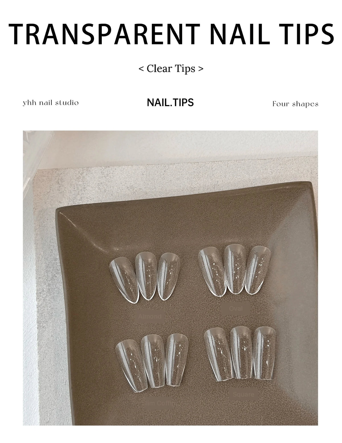 Four YHH clear tip shapes on a tray: almond, oval, square and slim coffin