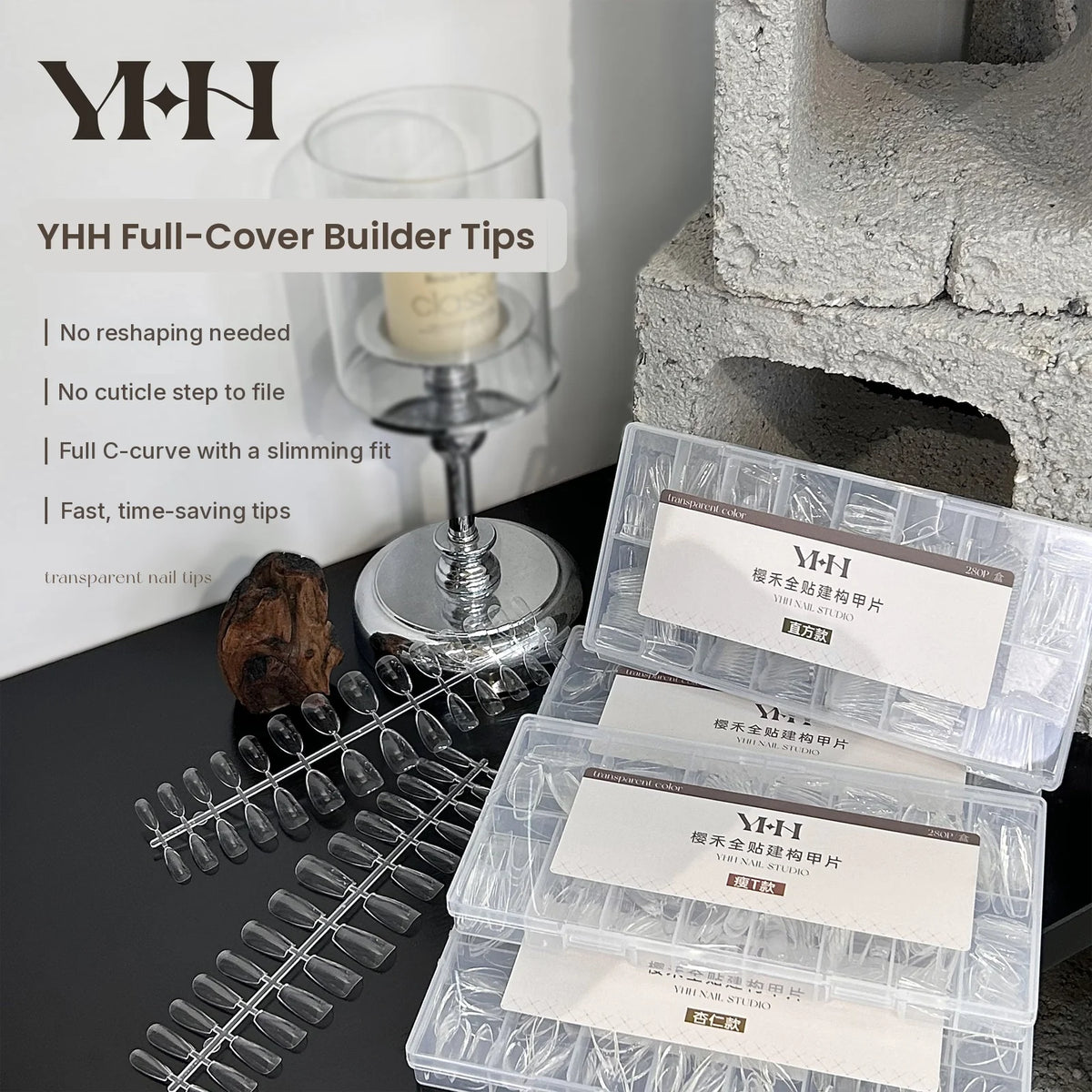 YHH full-cover builder tips in clear divided boxes with English feature list