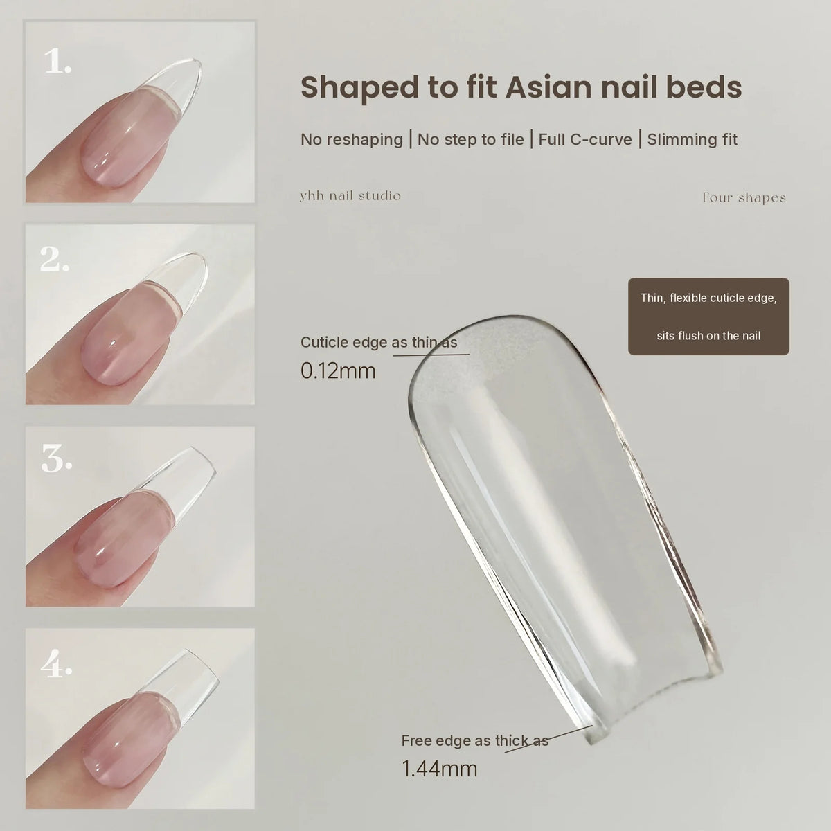 YHH clear full-cover tip showing 0.12 mm cuticle edge and 1.44 mm free edge