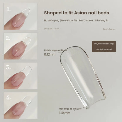 YHH clear full-cover tip showing 0.12 mm cuticle edge and 1.44 mm free edge