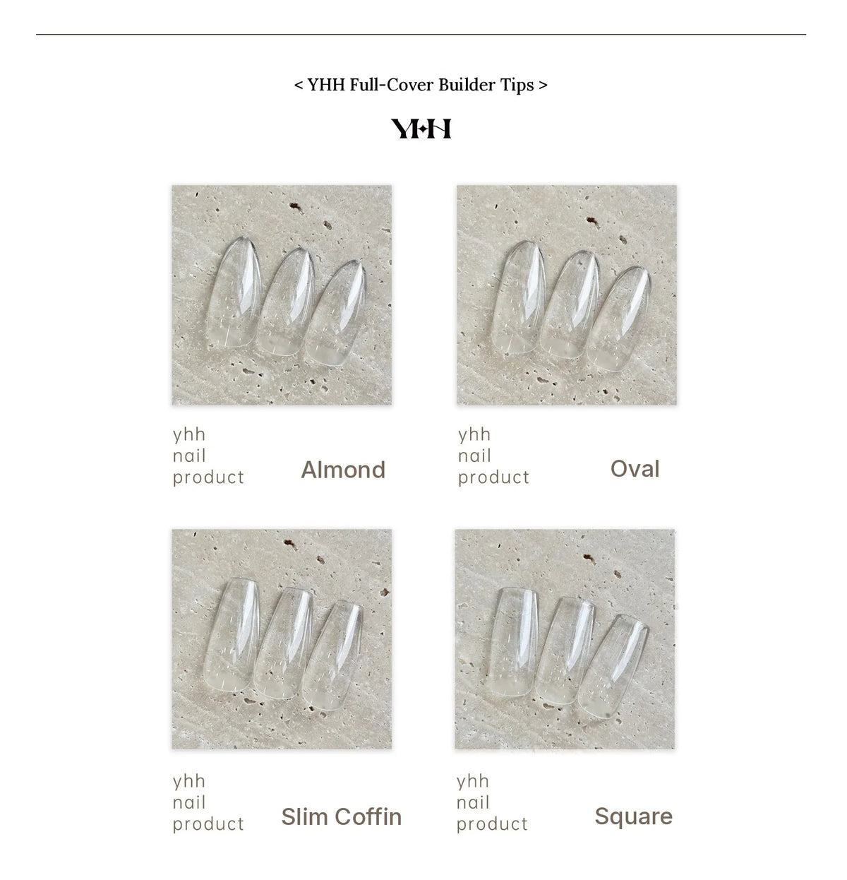 Grid of YHH clear full-cover tips labeled Almond, Oval, Slim Coffin and Square