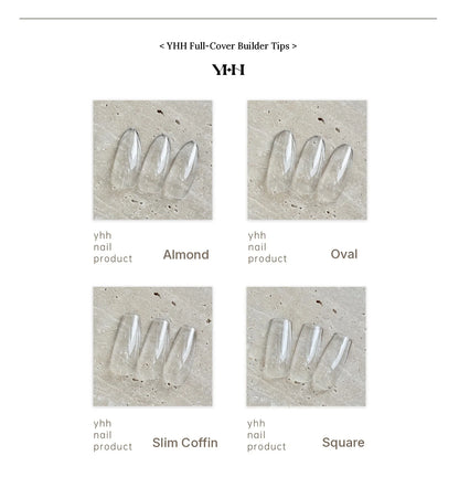 Grid of YHH clear full-cover tips labeled Almond, Oval, Slim Coffin and Square