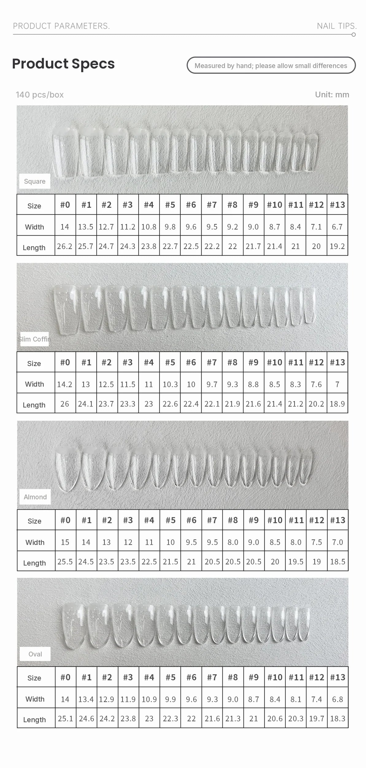 YHH full-cover tip size chart: width and length in mm for sizes 0 to 13 in four shapes