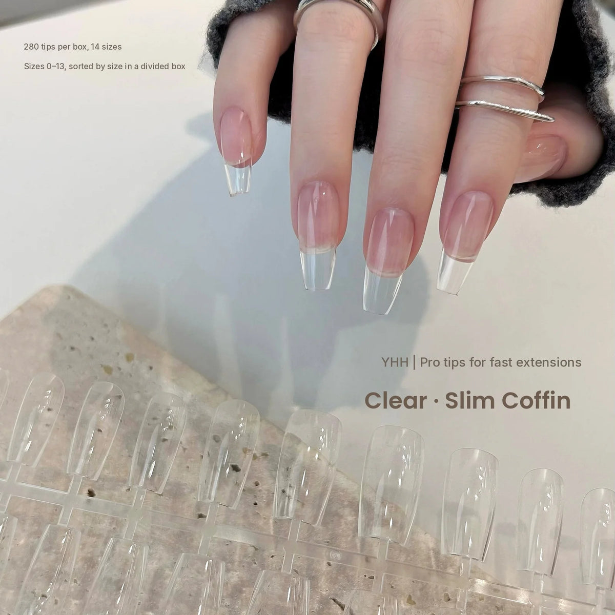 YHH clear slim coffin full-cover tips on a hand, 280 tips in 14 sizes